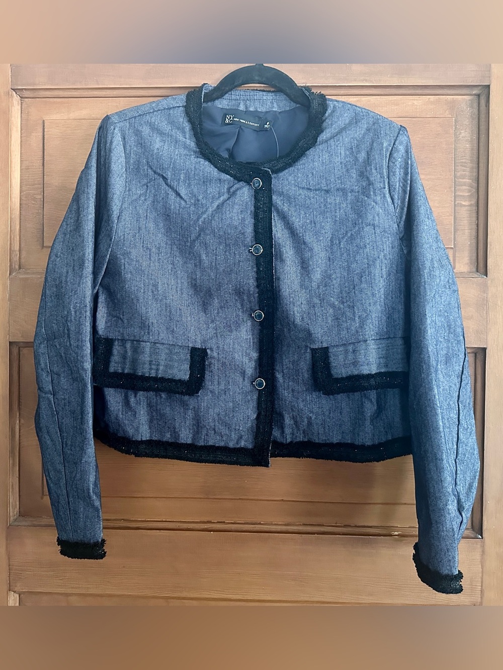 New York & Company Black Denim-Style Cropped Jacket with Black shiny trim! NWT!!